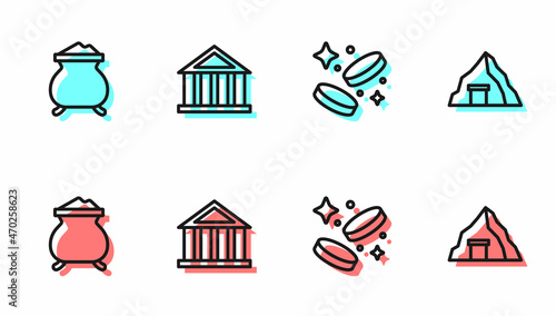 Set line Gold coin money, Molten gold being poured, Bank building and mine icon. Vector