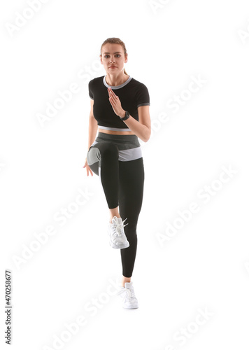 Sporty running woman on whi...