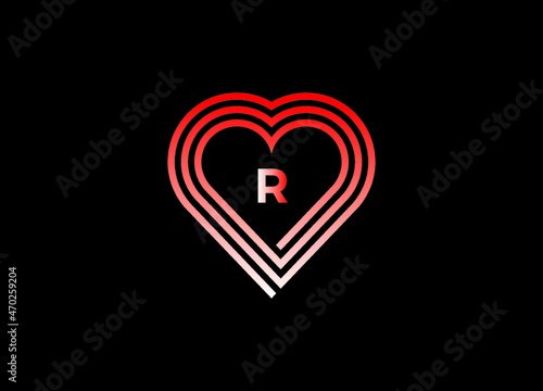 R letter love logo with vector design. Love illustration. Hand-drawn design for Valentine's day logo. Web icon, symbol, sign. Romantic wedding invitation.