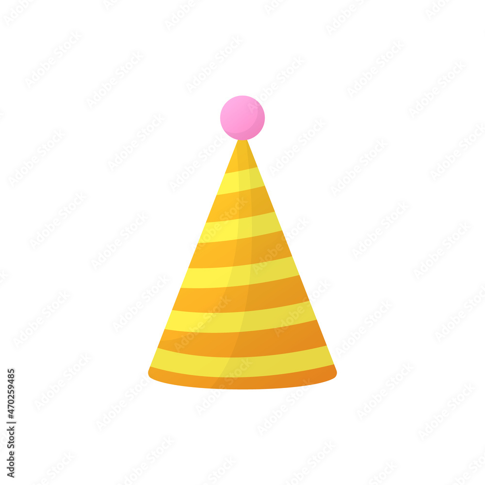 Yellow Birthday Party Hat Illustration. Holiday decoration on White Background. Colorful Funny Cartoon Cone Cap for Celebration Anniversary, Christmas, Birthday. Isolated Vector Yellow Birthday Party Hat Illustration. Holiday decoration on White Background. Colorful Funny Cartoon Cone Cap for Celebration Anniversary, Christmas, Birthday. Isolated Vector