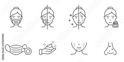 Facial Acne Line Icon. Woman with Maskne, Pimple, Blackhead Linear Pictogram. Skin Face Trouble and Facial Hygiene. Outline Icon. Editable Stroke. Isolated Vector Illustration