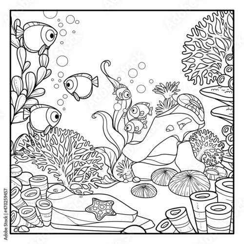 Underwater world with corals, anemones, long algae grows on sandstones and cartoon fishes outlined for coloring isolated on white background