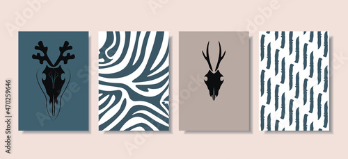 Set of vector paintings. Posters for the house in the style of minimalism, loft. Abstract design, safari, hunting, skull, horns, knife. For prints, covers, wallpapers, minimalism and natural wall art.