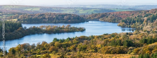 View from Sharpitor to Burrator Reservoir in Dartmoor National Park in Devon in England in Europe 