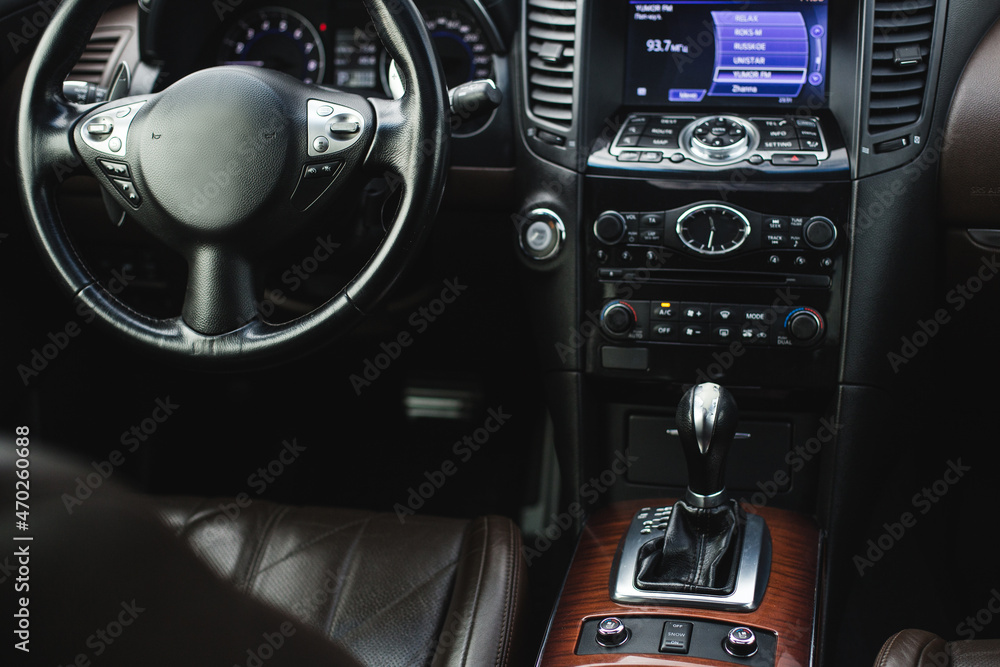Fototapeta premium Photo of the interior of the car. Steering wheel, dashboard.