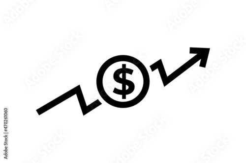 Illustration vector graphic of dollar value increases icon. Business expense sales icon. Investment growth. Price increases. Money symbol with up arrow stretching. Cash salary increase