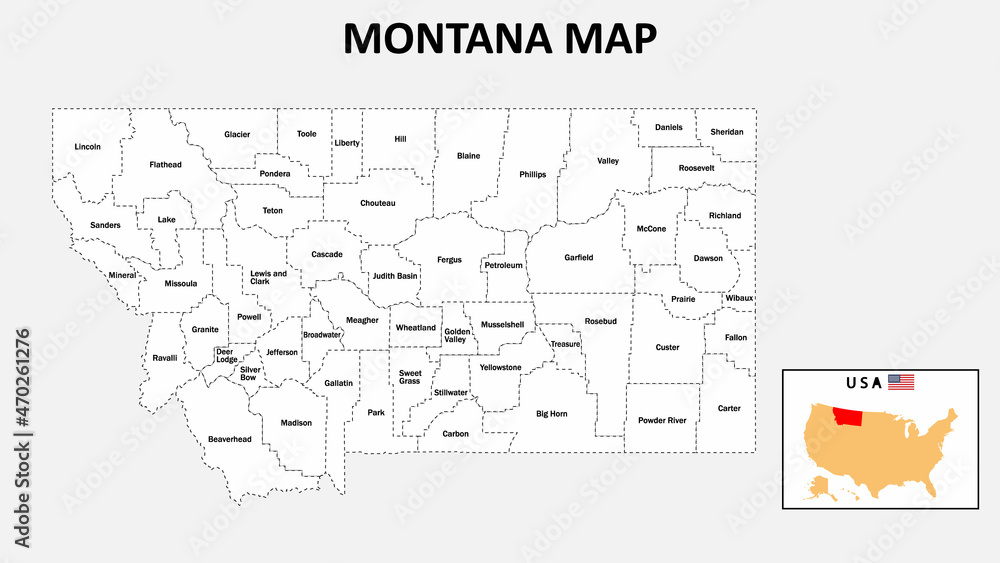 Montana Map. State and district map of Montana. Administrative map of Montana with district and