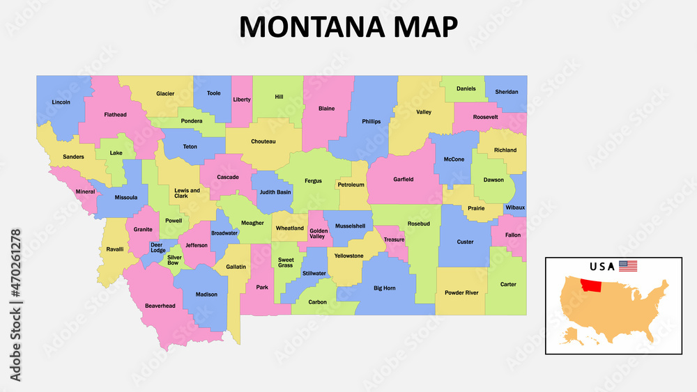 Montana Map. District map of Montana in 2020. District map of Montana in color with capital. Montana Map. District map of Montana in 2020. District map of Montana in color with capital.