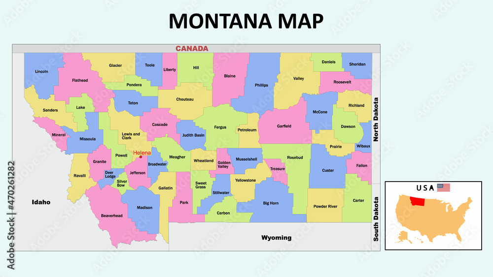 Montana Map. State and district map of Montana. Political map of