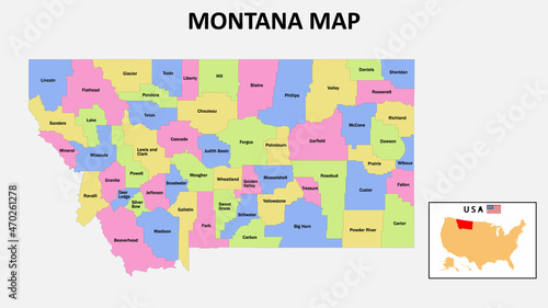 Montana Map. District map of Montana in 2020. District map of Montana in color with capital.