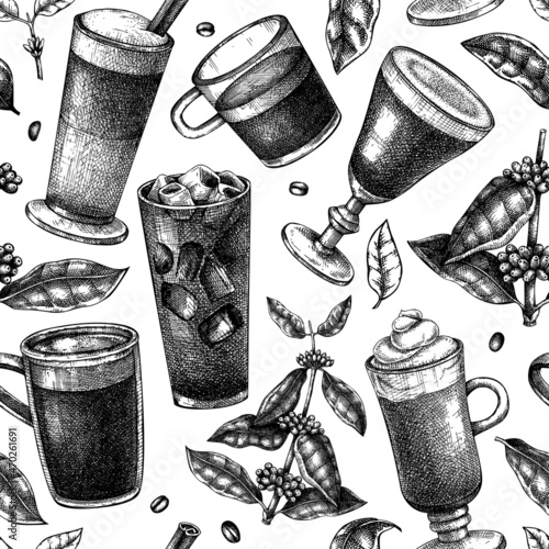 Hand-sketched coffee seamless pattern. Vector sketches of mugs with aromatic caffeine drinks background. With botanical coffee plants, leaves, and beans in vintage style. Vector beverages backdrop
