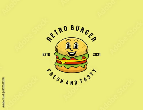 Retro vintage burger character logo template for food truck company