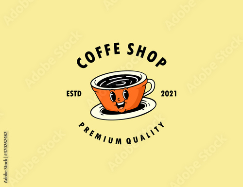 Retro coffe cup character logo template for cafe company
