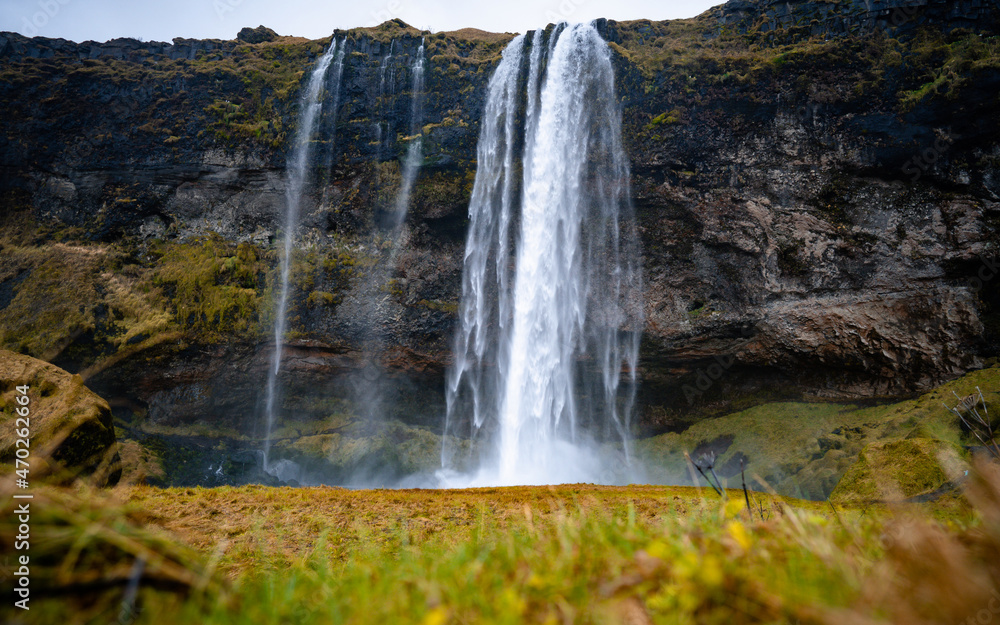 Seljalandsfoss one of the best known waterfalls in southern Iceland. Space for text. Travel concept Seljalandsfoss one of the best known waterfalls in southern Iceland. Space for text. Travel concept