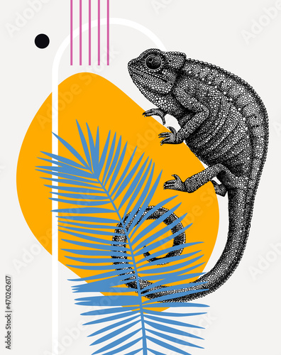 Collage style chameleon vector illustration. Hand-sketched reptile on palm leaf. Trendy design with botanical, geometric shapes, abstract elements. Perfect for print, poster, card. Chameleon wall art