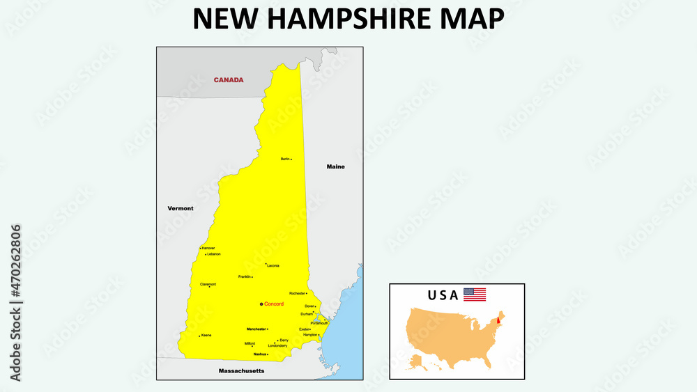 New Hampshire Map. State and district map of New Hampshire. Political