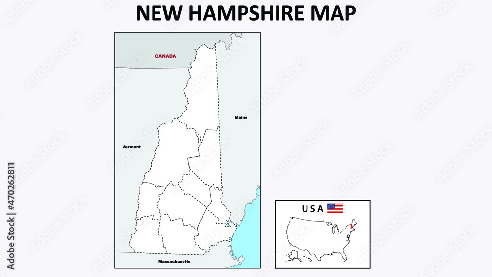 New Hampshire Map. Political map of New Hampshire with boundaries in Outline. Stock Vector