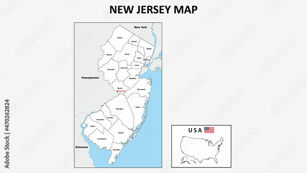 New Jersey Political Map New Jersey Map. Political Map Of New Jersey With Boundaries In White Color.  Stock Illustration | Adobe Stock