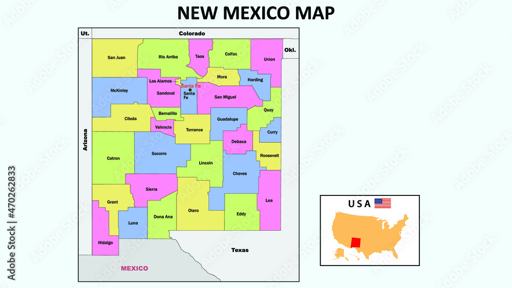 New Mexico Map. State and district map of New Mexico. Political map of