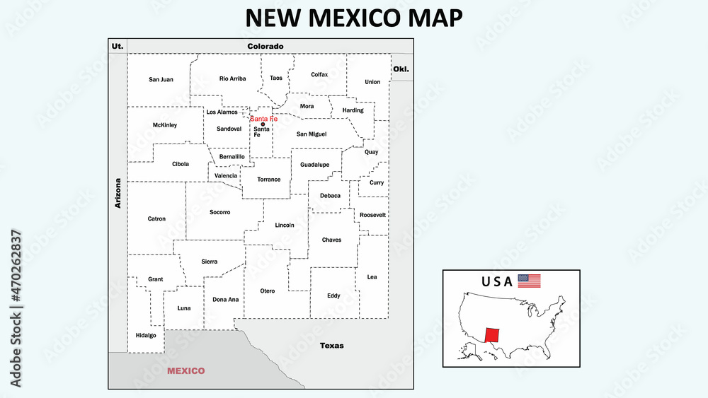 New Mexico Map. Political map of New Mexico with boundaries in white