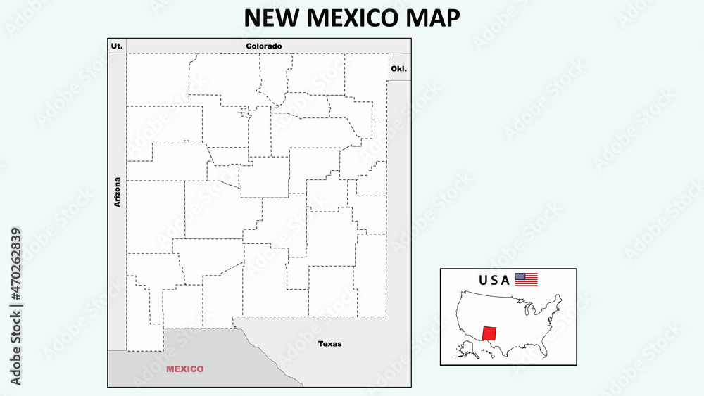 New Mexico Map. Political map of New Mexico with boundaries in Outline