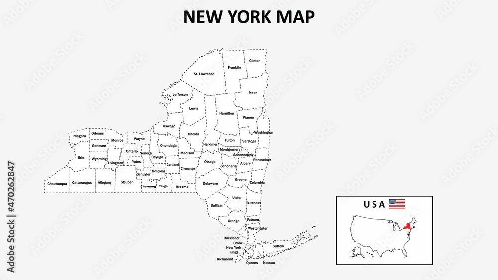 New York Map. State and district map of New York. Administrative map of New York with district and capital in white color. New York Map. State and district map of New York. Administrative map of New York with district and capital in white color.
