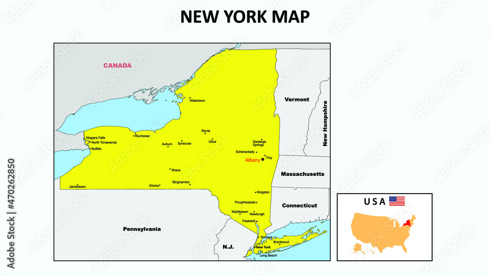 New York Map. State and district map of New York. Political map of New