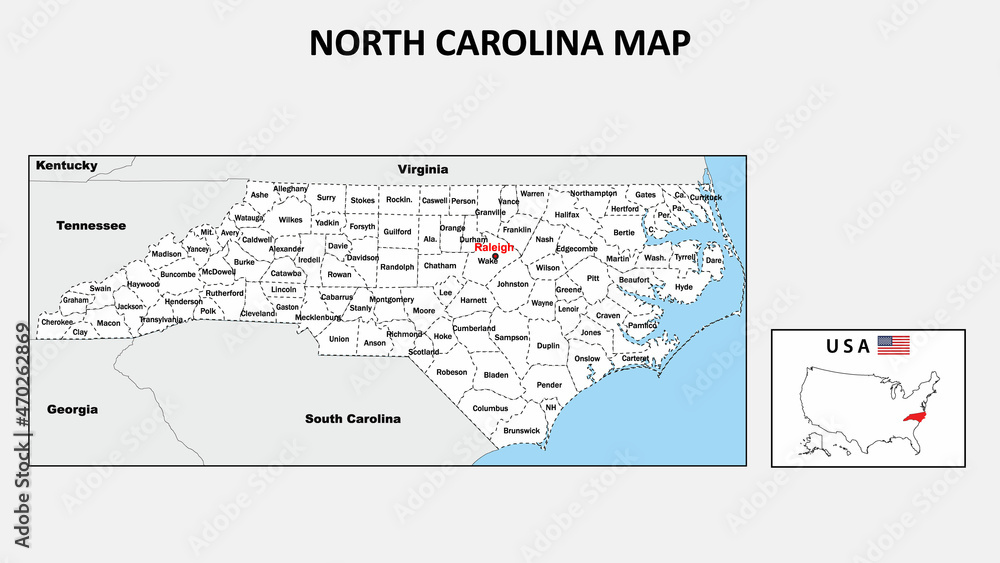 North Carolina Map. Political map of North Carolina with boundaries in white color. North Carolina Map. Political map of North Carolina with boundaries in white color.