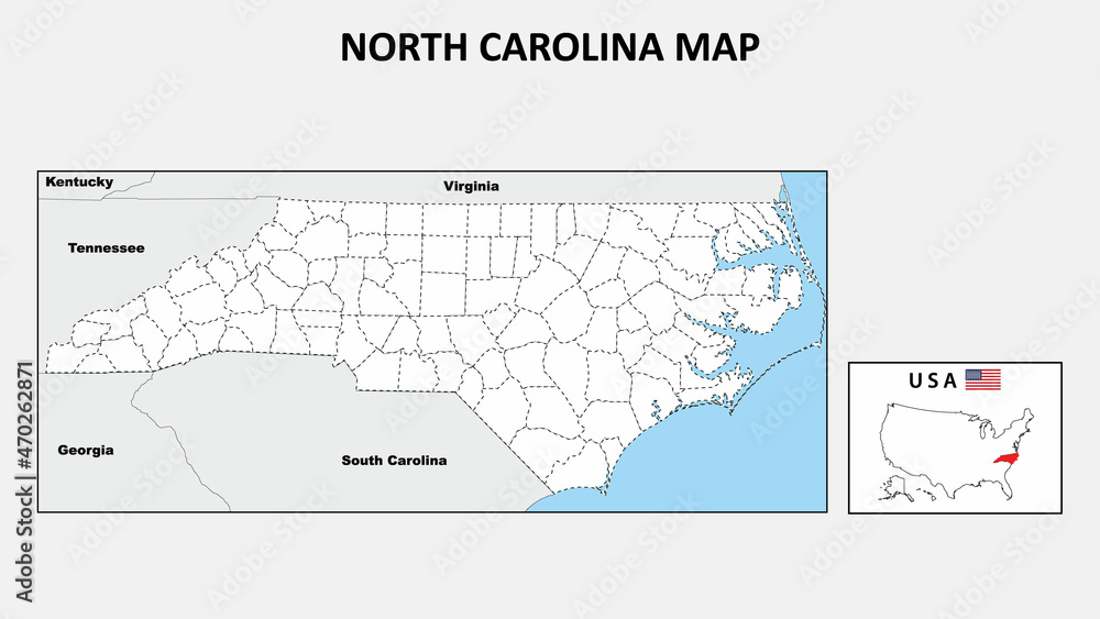 North Carolina Map. Political map of North Carolina with boundaries in Outline.