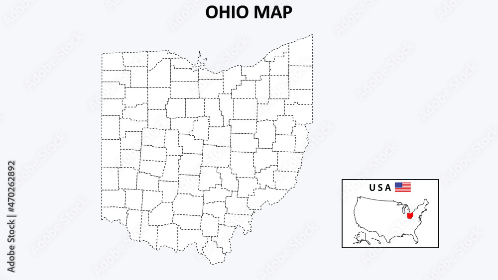 Ohio Map. State and district map of Ohio. Political map of Ohio with outline and black and white design.