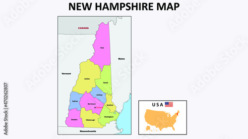New Hampshire Map. State and district map of New Hampshire. Political map of New Hampshire with neighboring countries and borders.