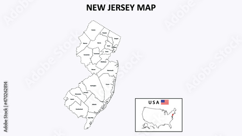 New Jersey Map. State and district map of New Jersey. Administrative map of New Jersey with district and capital in white color.