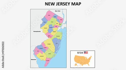 New Jersey Map. State and district map of New Jersey. Political map of New Jersey with neighboring countries and borders.