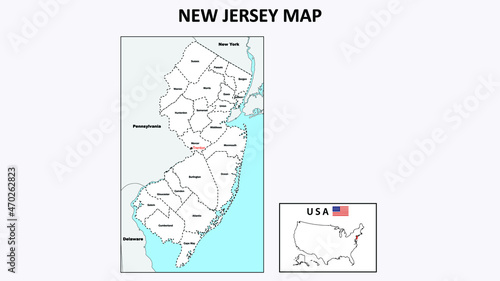New Jersey Map. Political map of New Jersey with boundaries in white color.