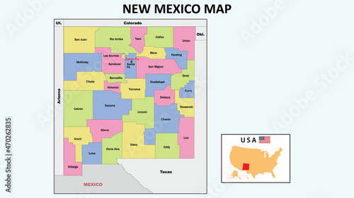 New Mexico Map. State and district map of New Mexico. Political map of New Mexico with neighboring countries and borders.