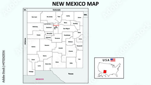 New Mexico Map. Political map of New Mexico with boundaries in white color.