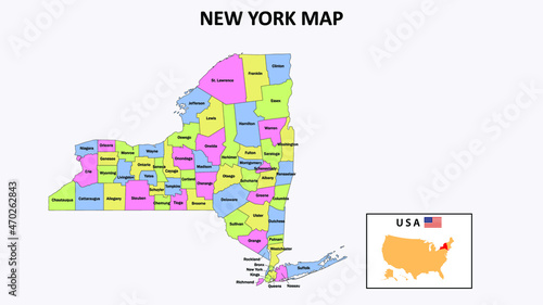 New York Map. District map of New York in District map of New York in color with capital.