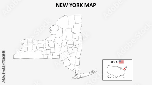 New York Map. State and district map of New York. Political map of New York with outline and black and white design. photo