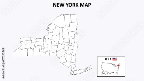 New York Map. State and district map of New York. Political map of New York with outline and black and white design.