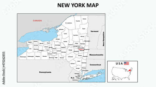 New York Map. Political map of New York with boundaries in white color.
