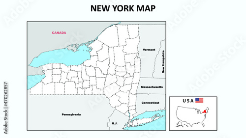 New York Map. Political map of New York with boundaries in Outline.