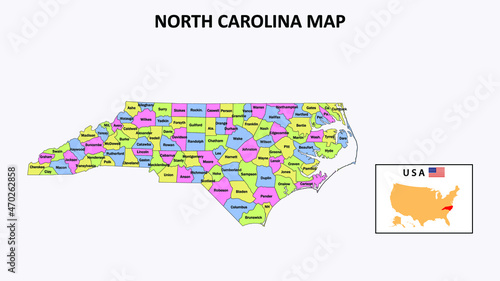 North Carolina Map. District map of North Carolina in District map of North Carolina in color with capital.