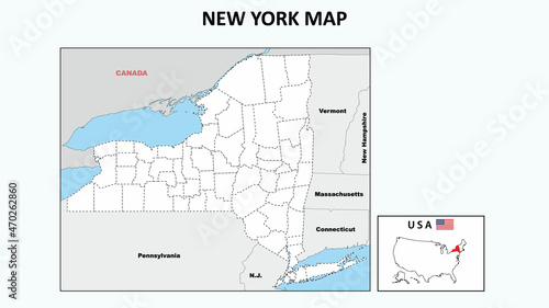 New York Map. Political map of New York with boundaries in Outline. photo