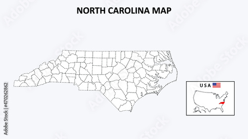North Carolina Map. State and district map of North Carolina. Political map of North Carolina with outline and black and white design.