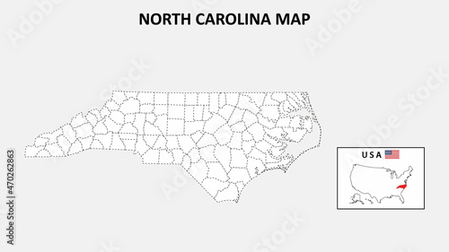 North Carolina Map. State and district map of North Carolina. Political map of North Carolina with outline and black and white design. photo