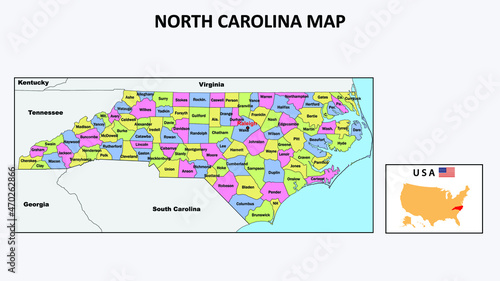 North Carolina Map. State and district map of North Carolina. Political map of North Carolina with neighboring countries and borders.