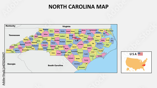 North Carolina Map. State and district map of North Carolina. Political map of North Carolina with neighboring countries and borders. photo