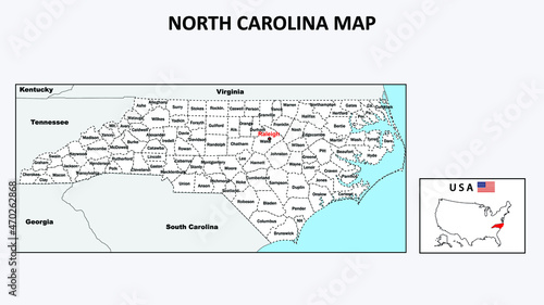 North Carolina Map. Political map of North Carolina with boundaries in white color.
