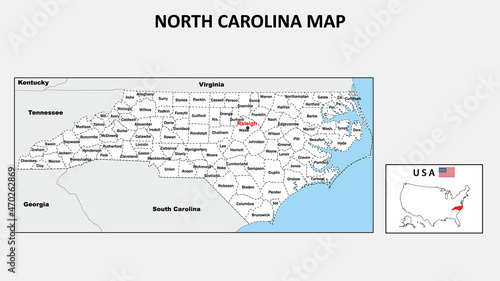 North Carolina Map. Political map of North Carolina with boundaries in white color.