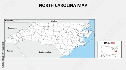 North Carolina Map. Political map of North Carolina with boundaries in Outline.